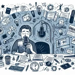 Przykładowy tekst dla lektora: Mężczyzna w słuchawkach nagrywa podcast, otoczony symbolami kreatywności i dźwięku.