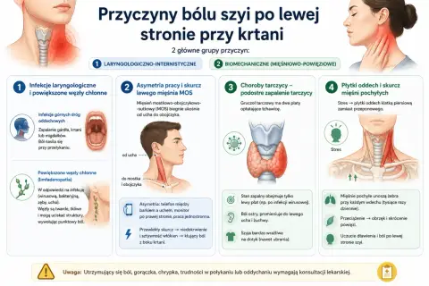 Powiększona krtań i tarczyca mogą powodować ból szyi. Ilustracja przedstawia przyczyny bólu szyi po lewej stronie przy krtani.